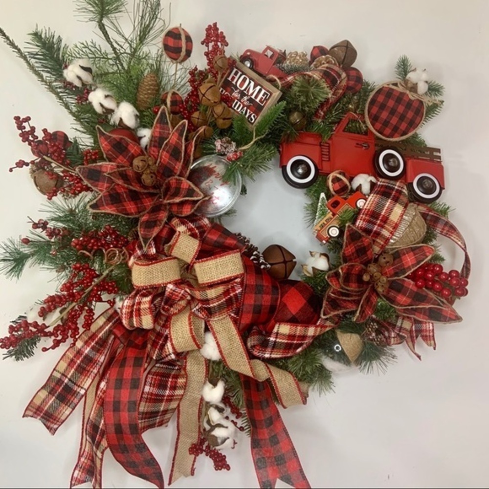 Christmas Red Truck Rustic Farmhouse Plaid Wreath